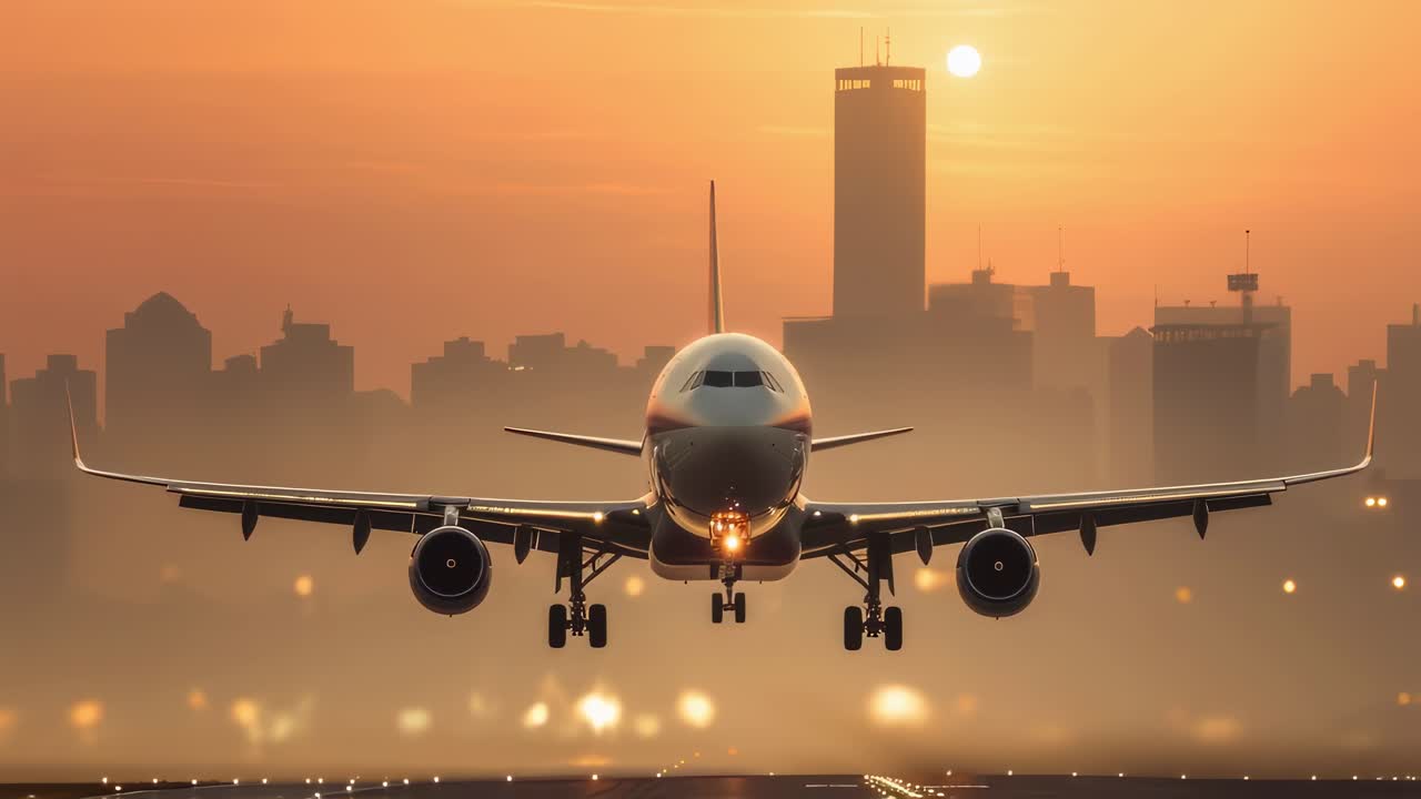Modern passenger airplane landing on the runway during a hazy sunset, showcasing a vibrant city skyline in the background, creating a dramatic and scenic atmosphere