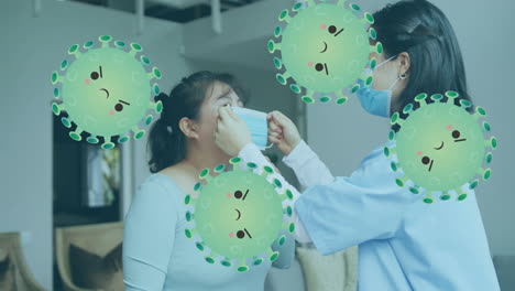 아시아 여성 의사와 환자가 얼굴 마스크를 착용하는 바이러스 세포의 애니메이션