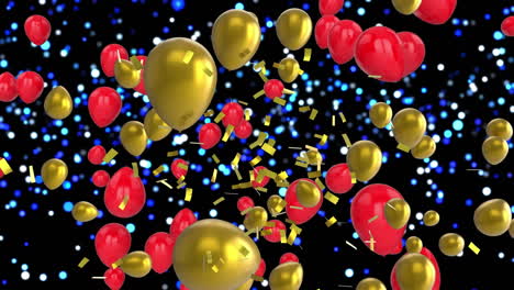 Animation-Von-Leuchtenden-Lichtern,-Fallendem-Konfetti-Und-Fliegenden-Luftballons-Auf-Schwarzem-Hintergrund