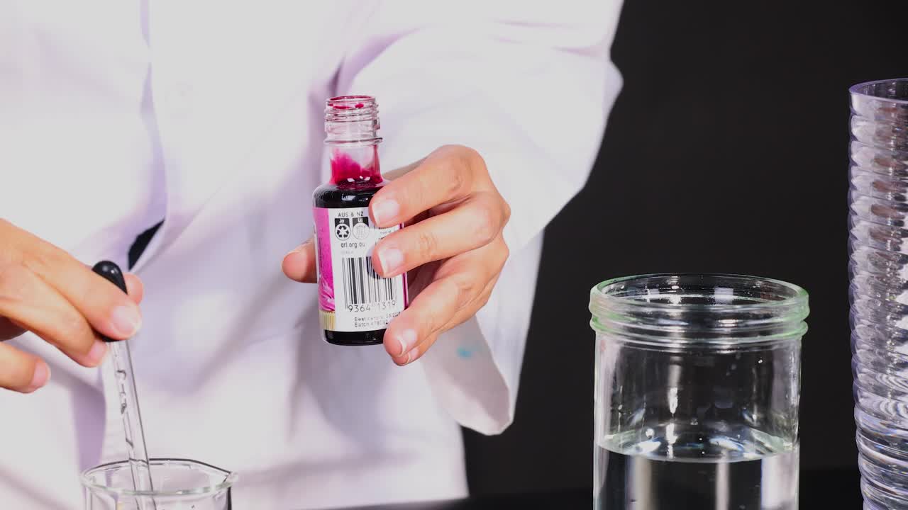 A person in a lab coat adds food coloring to water using a dropper, demonstrating a simple mixing process