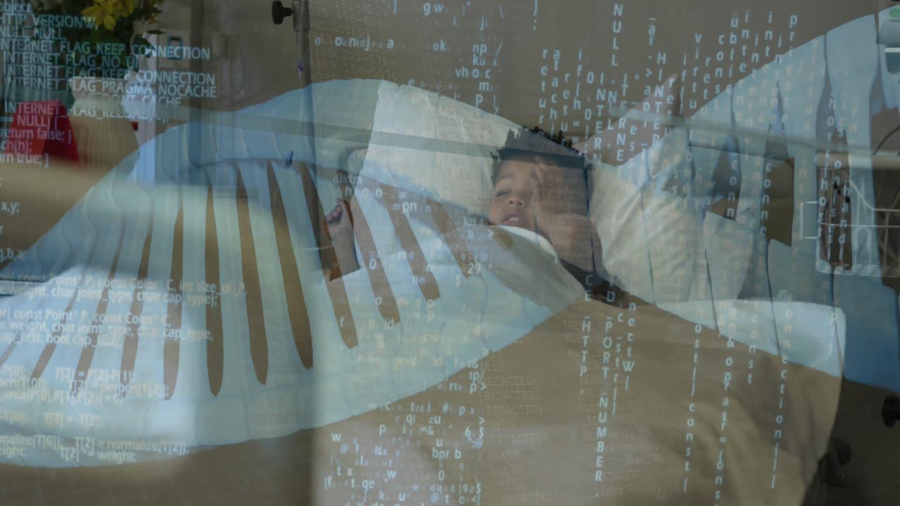 병원 침대에 있는 아프리카계 미국인 소년 환자에 대한 dna 줄무와 의학적 데이터의 애니메이션