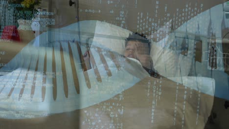 animación de cadena de adn y datos médicos sobre un niño afroamericano paciente en una cama de hospital.