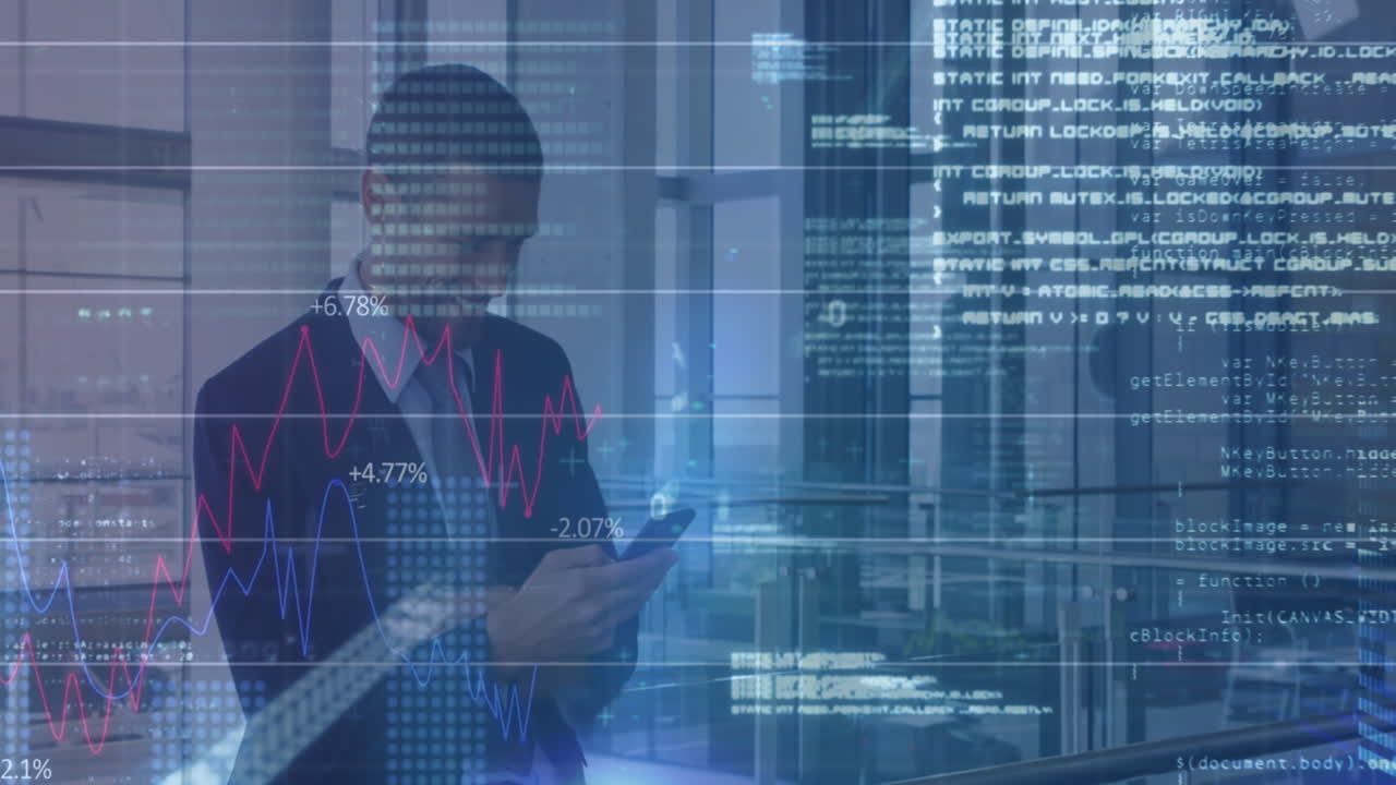 Animazione di dati finanziari e grafici su uomo d'affari caucasico che usa lo smartphone