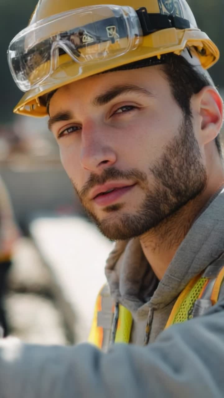 Operaio edile sicuro di sé con dispositivi di sicurezza posa per un ritratto in un cantiere, sottolineando l'importanza della sicurezza e del lavoro di team nel settore