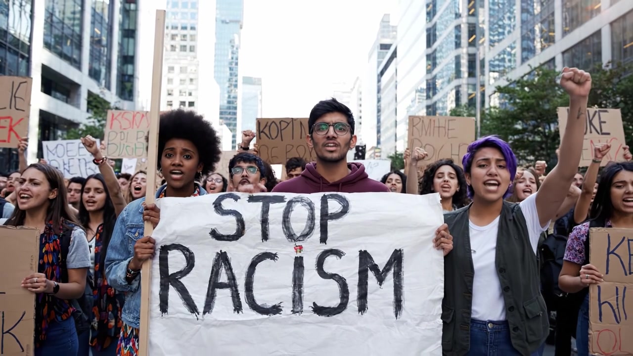 A Powerful Protest Against Racism: Activists Unite to Demand Equality and Justice in a Peaceful Demonstration Featuring Diverse Voices and Strong Messaging