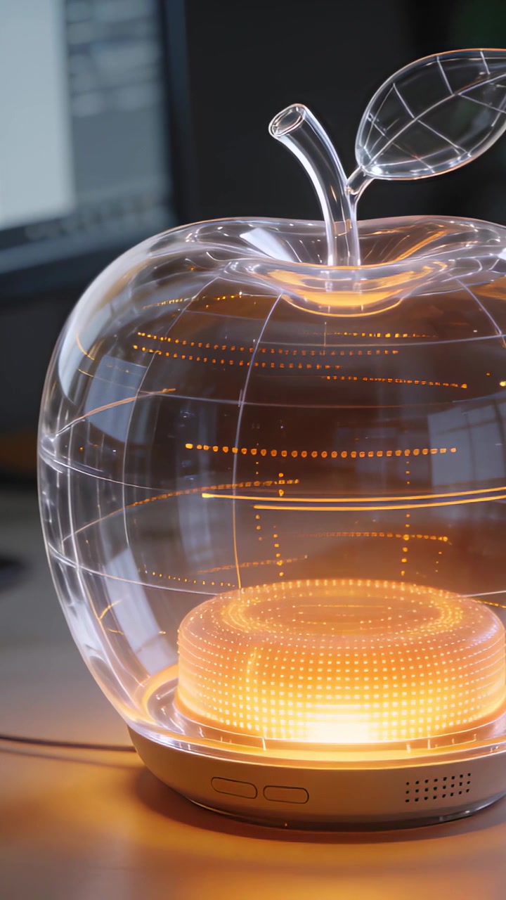 Vertical video: Pulsing LED apple lamp cycling dotted-smooth ring glow at desk screen for warm glow