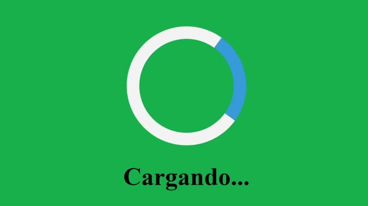 Spagnolo. Cerchio di caricamento con schermo verde sullo schermo del dispositivo. Display digitale di una pagina web. Punto di vista del monitor di un software per computer che carica ed elabora file, video, musica, dati