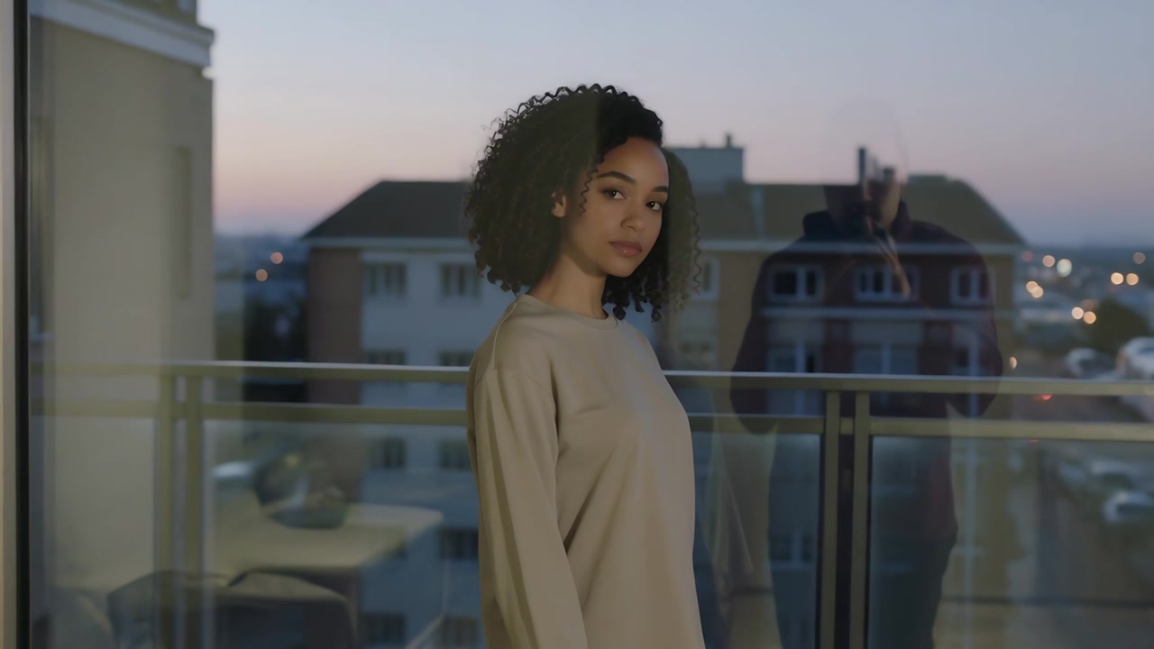 Turning beige-sweatered woman shifting toward camera at glass door, prompted by reflected phone