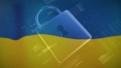 animation of digital padlock and data processing over flag of ukraine
