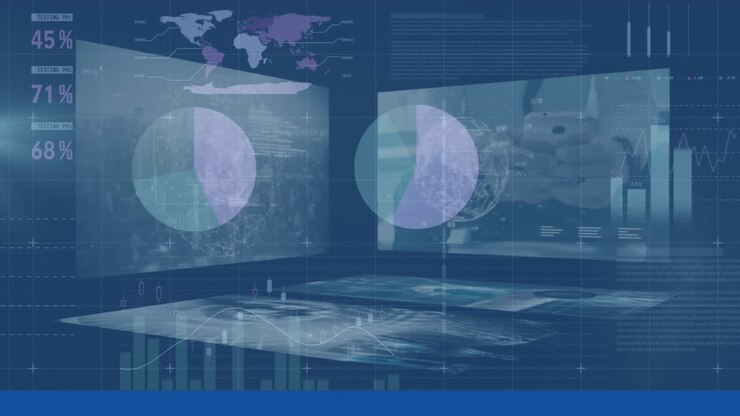 Animation of financial data processing and statistics recording on screens