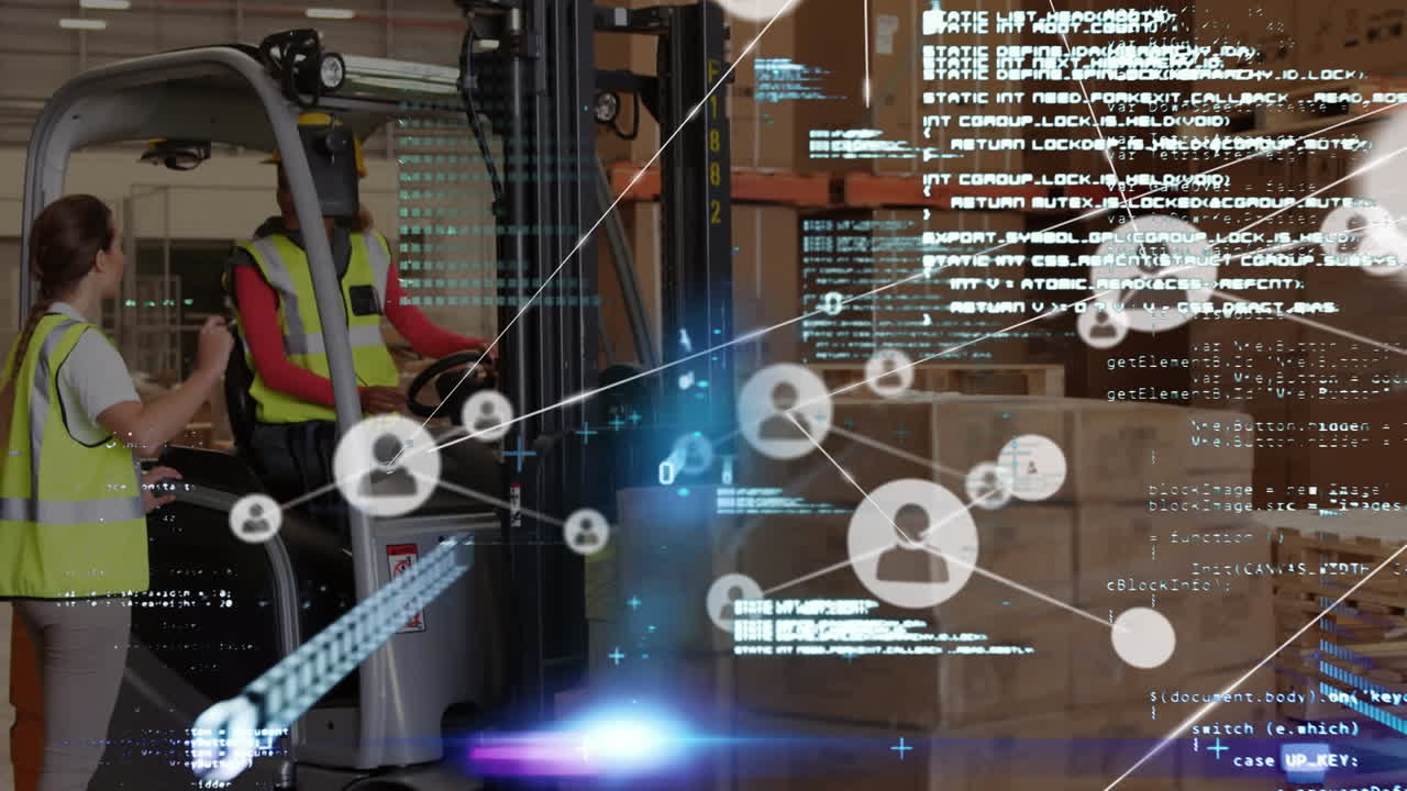 animación de conexiones y procesamiento de datos sobre personas que trabajan en el almacén.