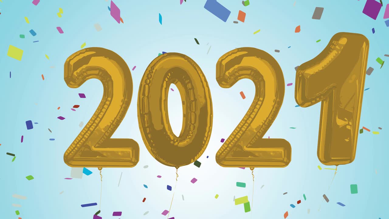 animación de números de globos de oro de 2021 y confeti sobre fondo azul