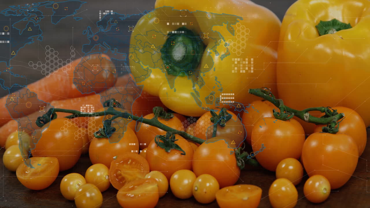 Animation of yellow and orange vegetables with digital map, data processing overlay