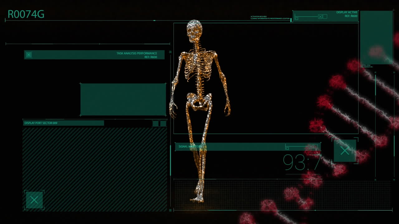 анимация обработки данных и скелета над цепью днк