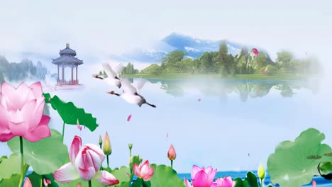 fantasy bright ambience landscape of beautiful lotus pond blooming morning sky, mountains, flowers, lake, ancient house with simple animation in japanese chinese anime watercolour style