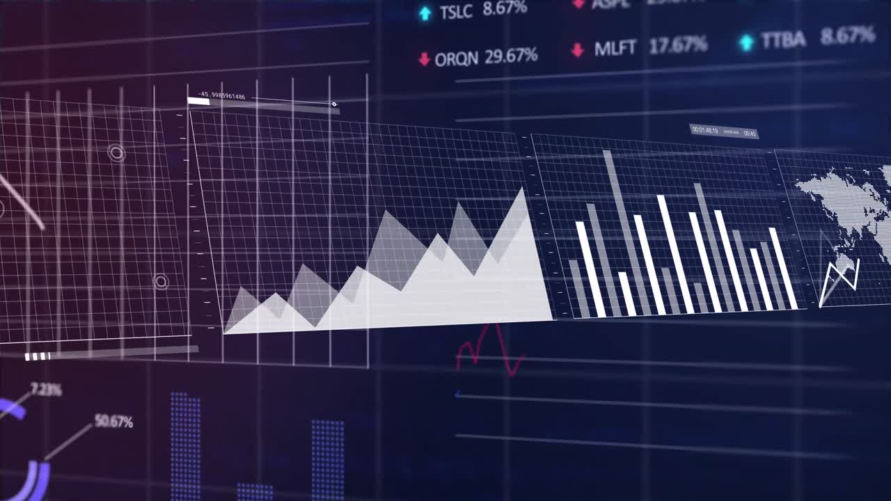 animación del procesamiento de datos estadísticos y del mercado de valores contra un fondo azul