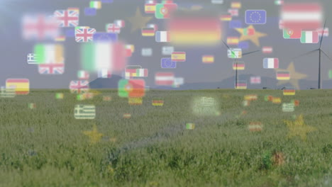 banderas de varios países y estrellas de animación sobre el campo de hierba
