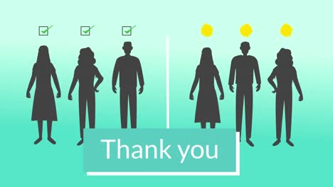 thank you text banner over people maintain social distancing icons against green gradient background