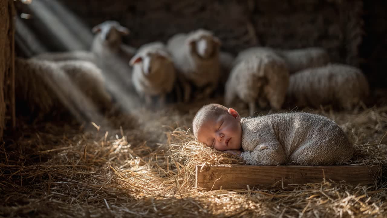 A Serene Moment: A Sleeping Baby Amongst Sheep in a Barn with Gentle Sunlight Streaming In, Capturing the Essence of Tranquility and Nature