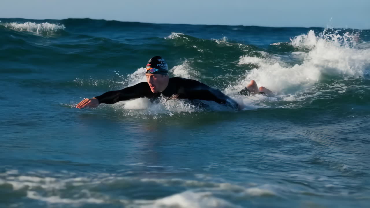 Swimmer in Wetsuit Navigating Ocean Waves