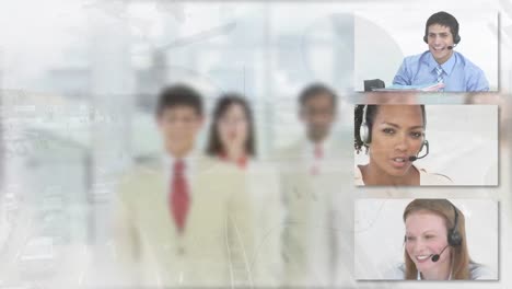 animation of data processing over diverse business people talking on phoneset