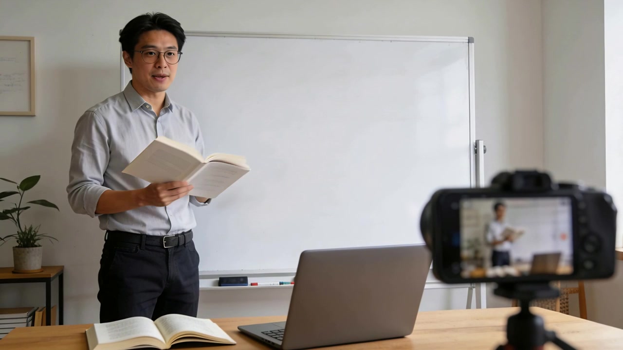 Lezende man in grijs shirt houdt open boek vast, begint met opnemen van lezing op kantoor met laptop DSLR