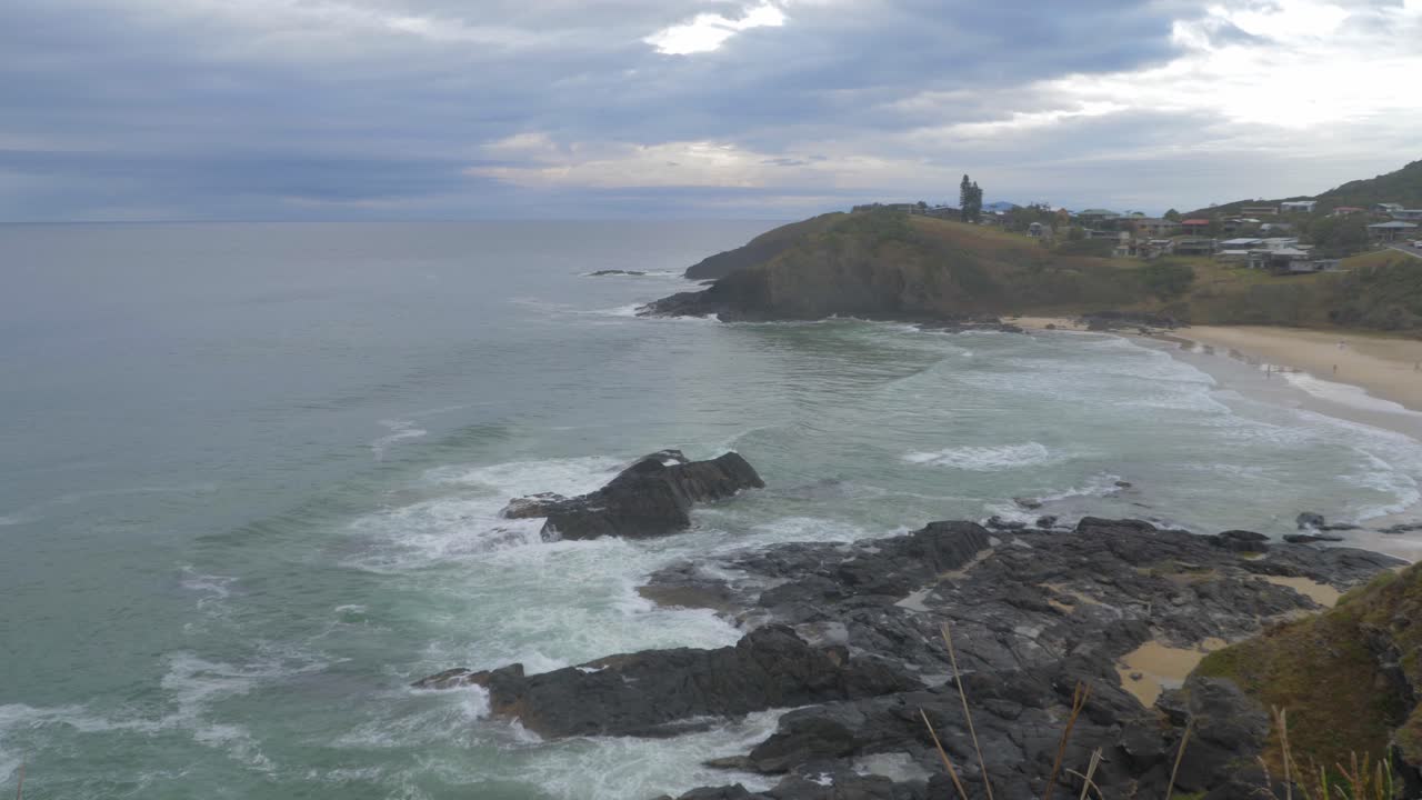 Little Beach And Scotts Head Reserve From Scotts Head Lookout -Waves Crashing At Rocky Outcrops In NSW, Australia