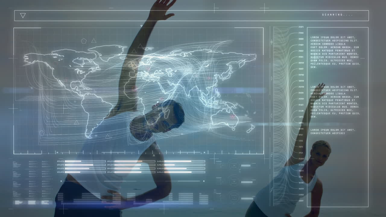 Animation of digital screen with data processing over caucasian woman and man practicing yoga