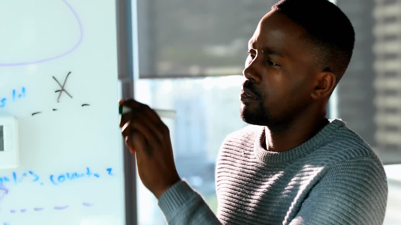 Male executive writing on whiteboard 4k