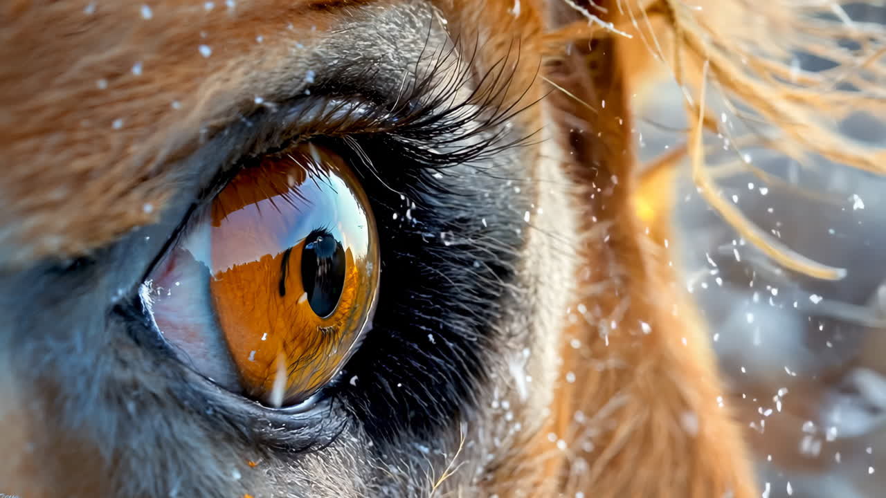 A horse's eye is shown in a close up. The eye is brown and has a blue tint to it. The horse is standing in a field with snow on the ground
