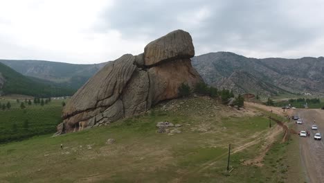 aerial drone shot and beautiful zoom out turtle rock in mongolia