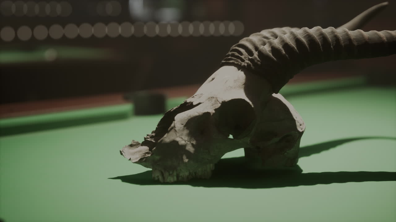 primer plano de un cráneo en una mesa de billar