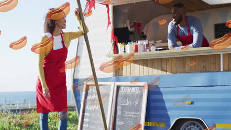 hot dog animation over food truck scene with two people interacting