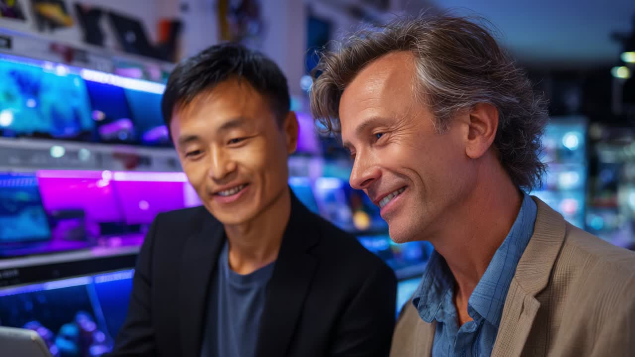 A Moment of Connection: Two Professionals Engaged in a Lively Discussion Over Technology in a Vibrantly Lit Modern Workspace, Showcasing Friendship and Collaborative Spirit in Innovation