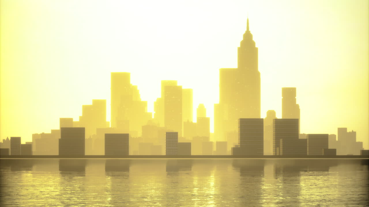 Sunrise over a vibrant city skyline reflecting on calm waters