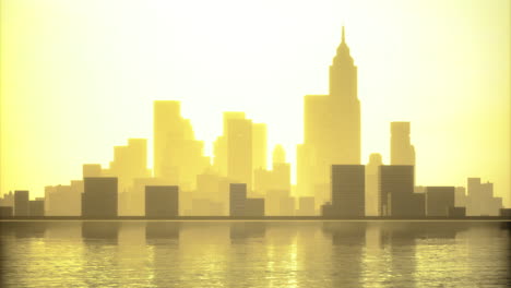 sunrise over a vibrant city skyline reflecting on calm waters
