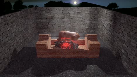 3D animation art of a pig being roasted on a barbecue in the backyard of a house.