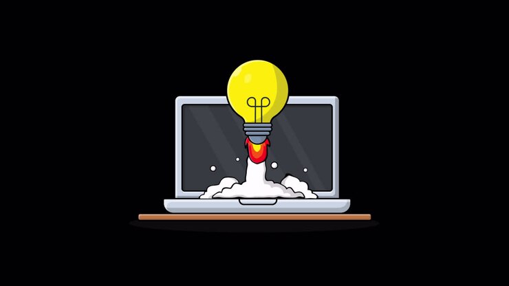 Animated Idea Light Bulb Launching from Laptop