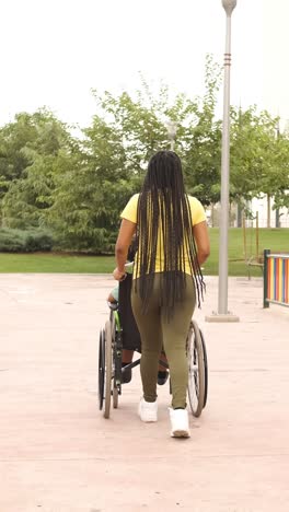 a person pushing a wheelchair in a park