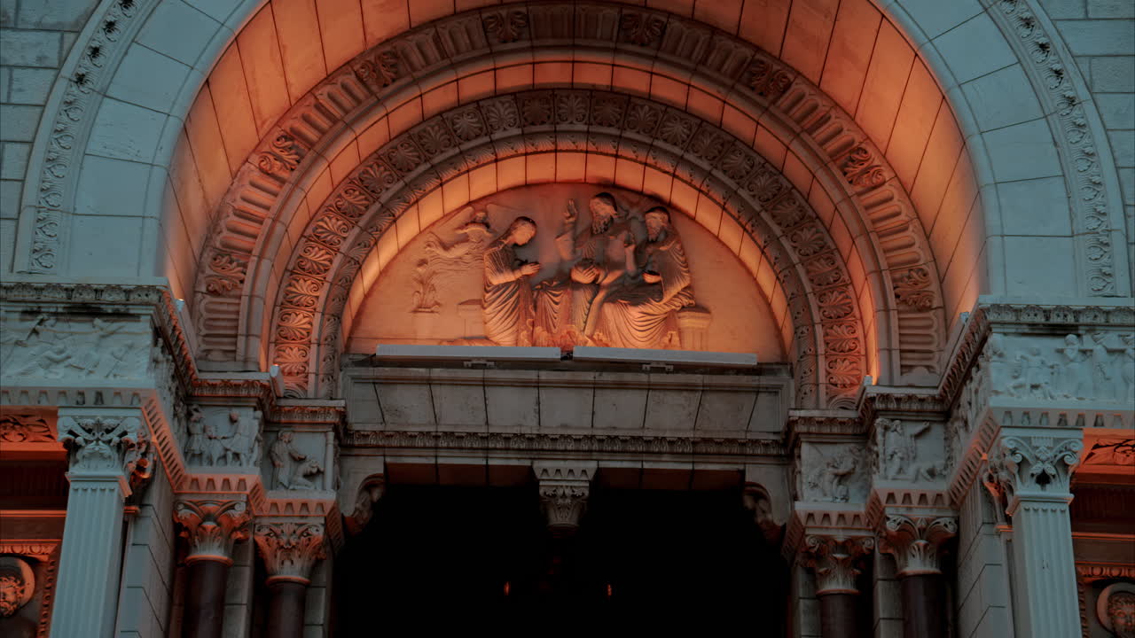 The facade of the Monaco Cathedral in the Old Town in the evening