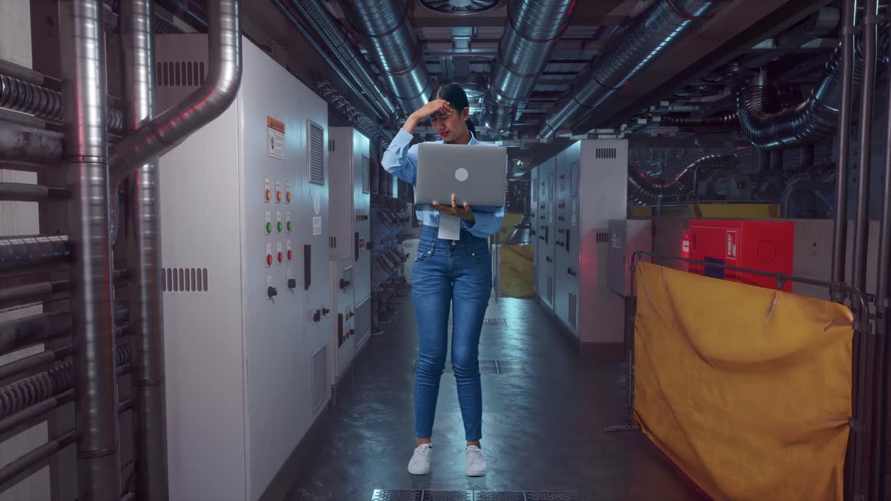 Full Body Of An Asian Female Professional Worker Standing With Her Laptop In Engine Control Room, She Is Nodding Her Shead With Dissapionted