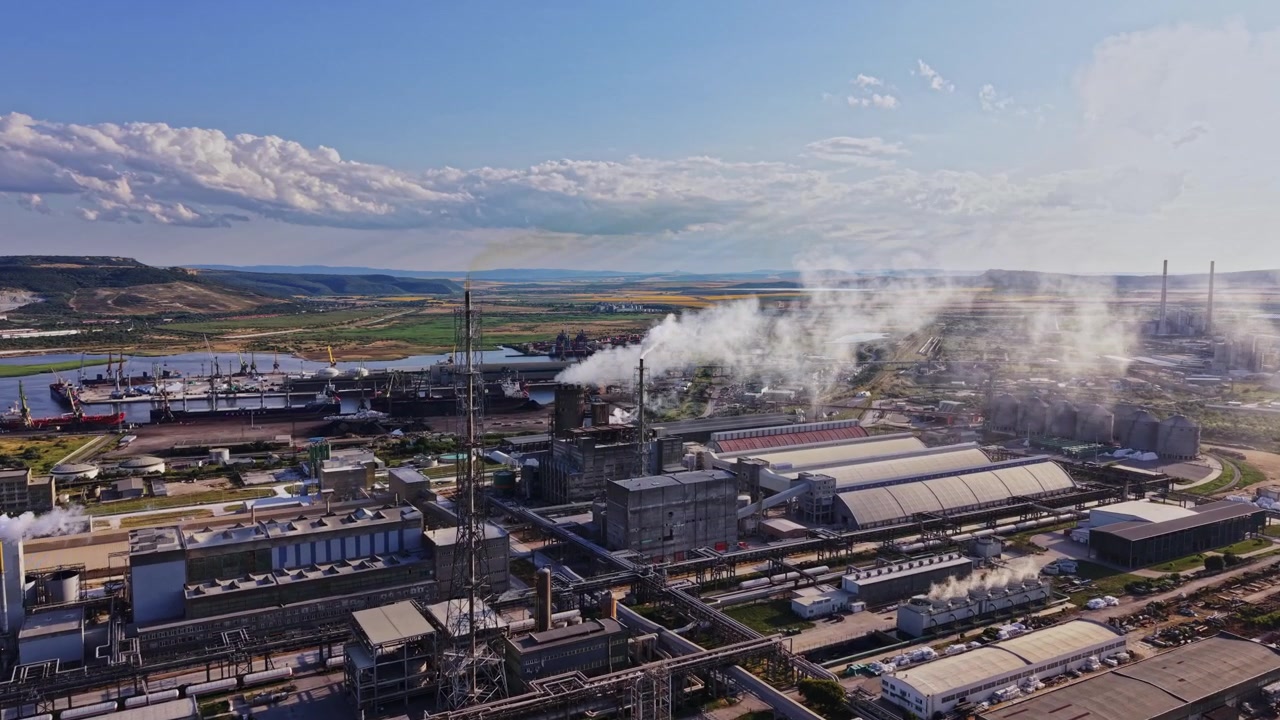 Factory produces goods near river with clouds in sky