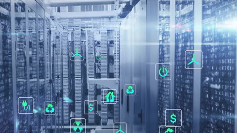animation of eco icons and digital data processing over computer servers