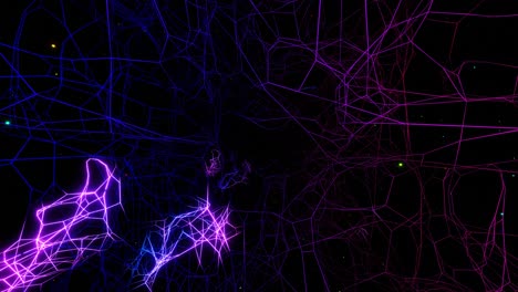 el vuelo en bucle a través del espacio 3d con estructura de red compleja, luz de neón. sci fi bg, plexus de alta tecnología, marcos futuristas con luz de neó en él. concepto de flujo de datos de información. diseño de movimiento en bucle 3d bg