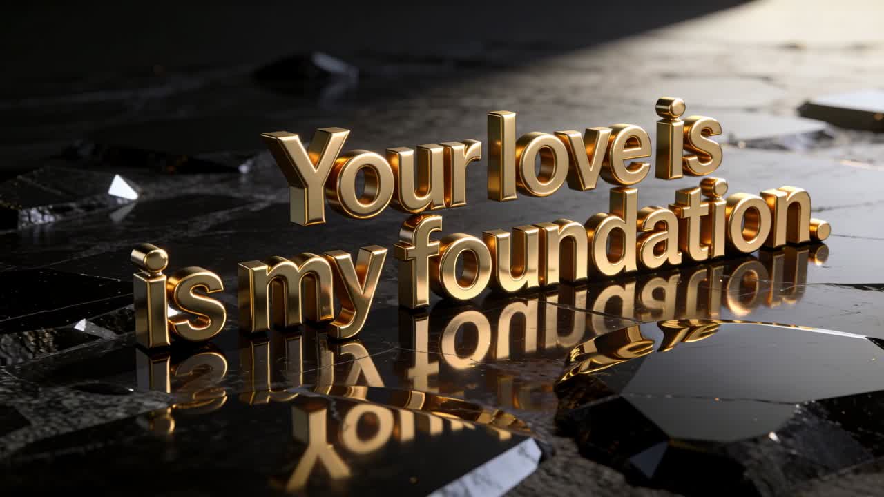 Gold 3D text fixed while camera moving closer, warm light tracing floor reflections for branding