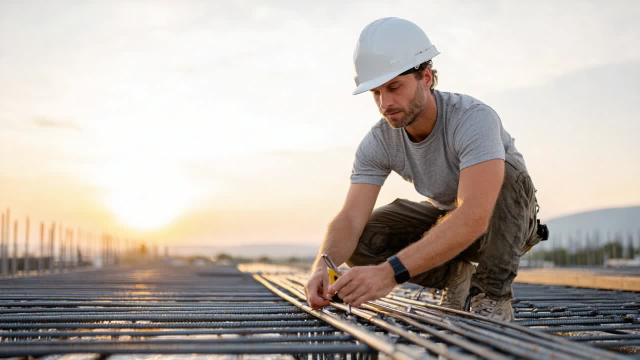 Construction worker tying rebar on a construction site
