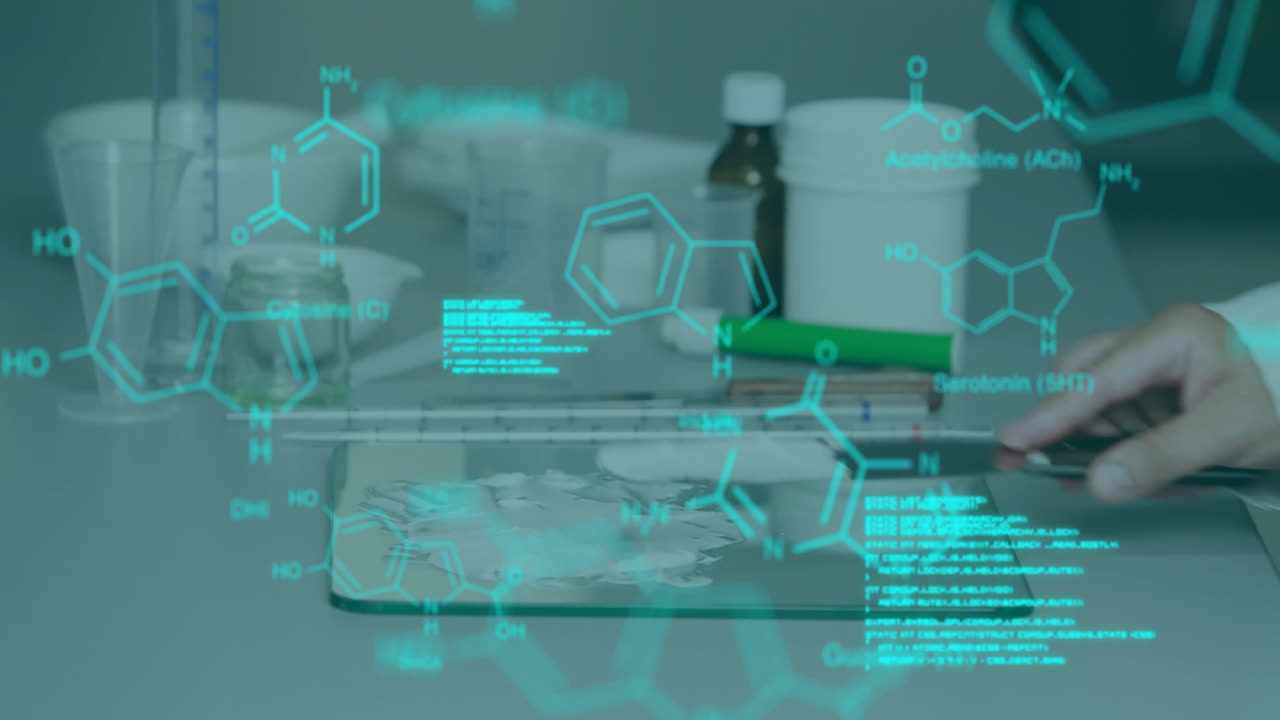 Animation of data processing and chemical formula over caucasian scientist doing experiment in lab