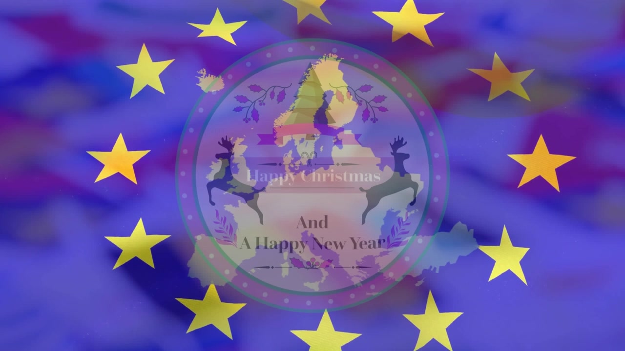 En ram öppnas med ett mjukt emblem av Europakarta, en bleknande stjärnring och rörliga vågor som krusar sig, vilket avslöjar en hälsning.
