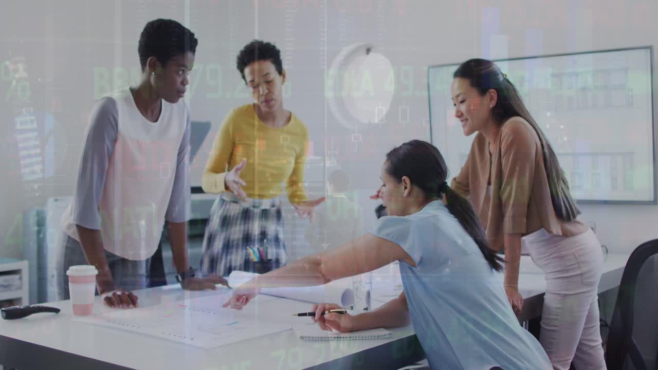 Animation of financial data and graphs over diverse female coworkers in office