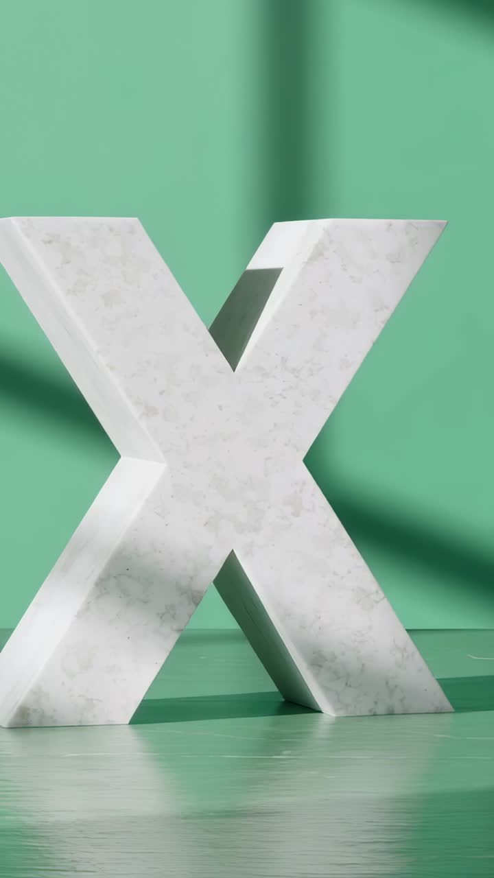 Vertical video: Rotating marble letter X on green set after sequence start, revealing side profile